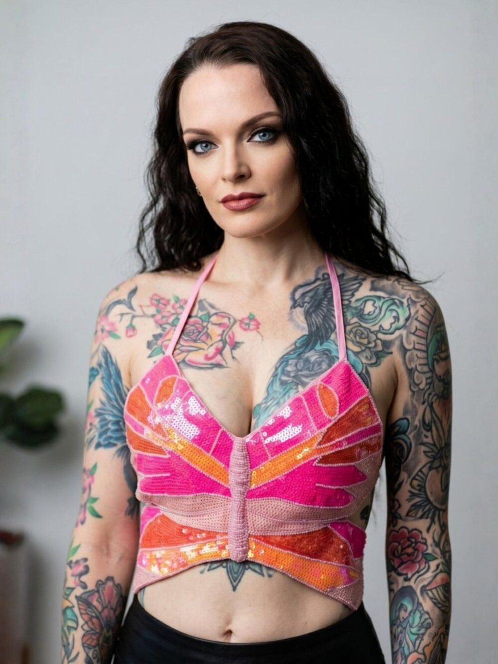 Club Exx ✦ Pixlie Playa Dreamin Butterfly Sequin Halter Top ✦ Pink Multi M/L NWT